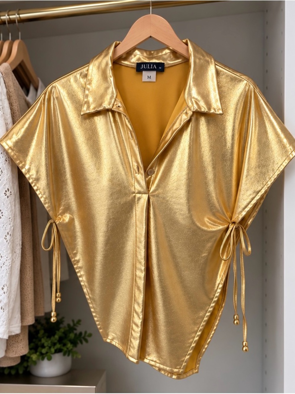 Metallic Gold Button-Up Top/Dress with Side Tie Details â NWT